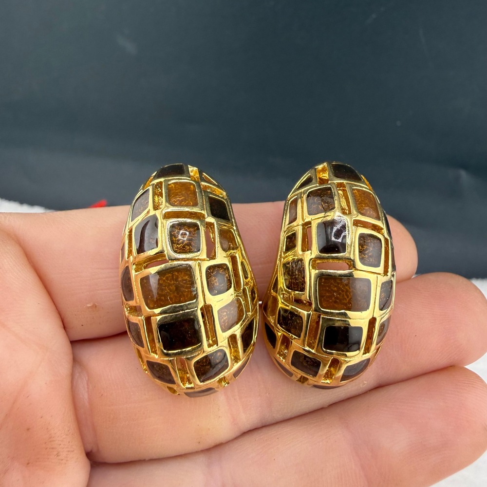 Vintage St John Clip On Earrings Gold Tone Brown Enamel Grid Mosaic Chunky